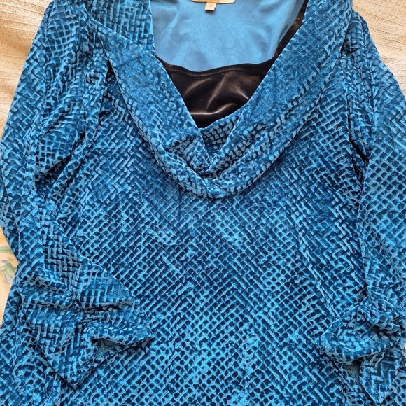 Notations Top SzXL Peacock Blue Textured Velour Cowl Neck  Ruch Sleeves - Picture 1 of 6